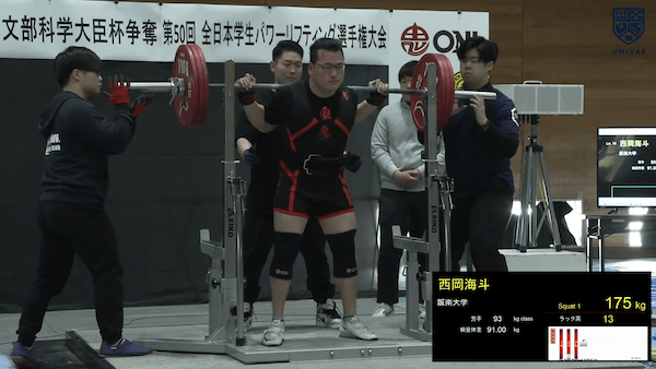 全日本学生パワーリフティング選手権大会 スクワット 男子93kg級【フルマッチ】
